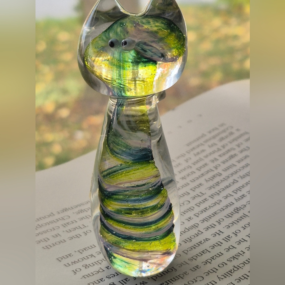 Glass Art Sculpture with Green and Yellow Swirls